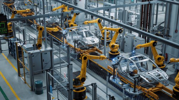 automobile factory with robots constructing